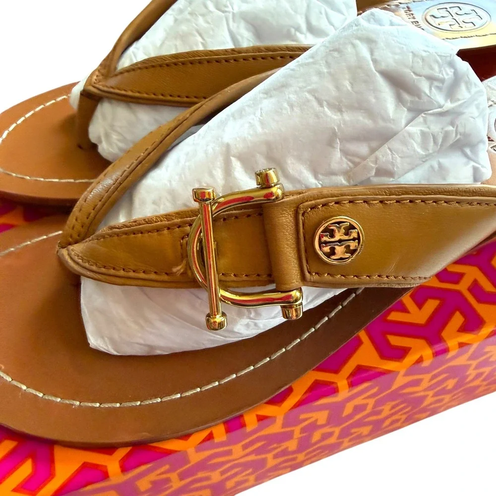 Tory Burch Nora 50mm Wedge Sandals Royal Tan Leather Gold Logo 5.5